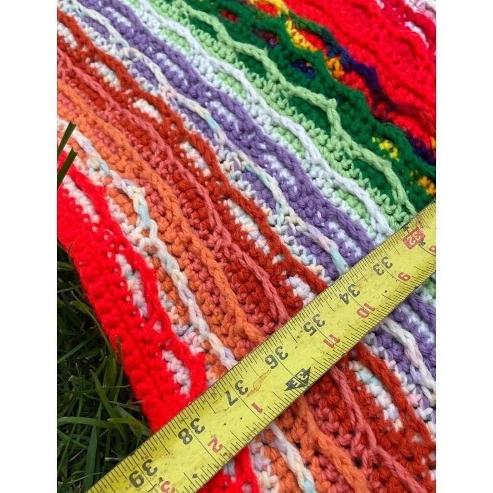 VTG Boho Striped Rainbow Hand Knit Crochet Blanket Throw Afghan 38x47 Reversible